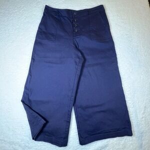 High Rise Wide Leg Pants Navy Blue Button Front Stretch Cotton XL NY&Co